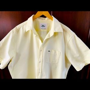 Lacoste light yellow color thick cotton men dress shirt with logo short sleeve